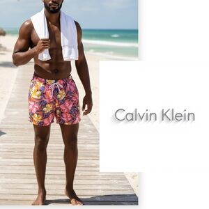 Calvin Klein Men's Orange Floral Tropical Print Swim Trunks Board Shorts XL NWT